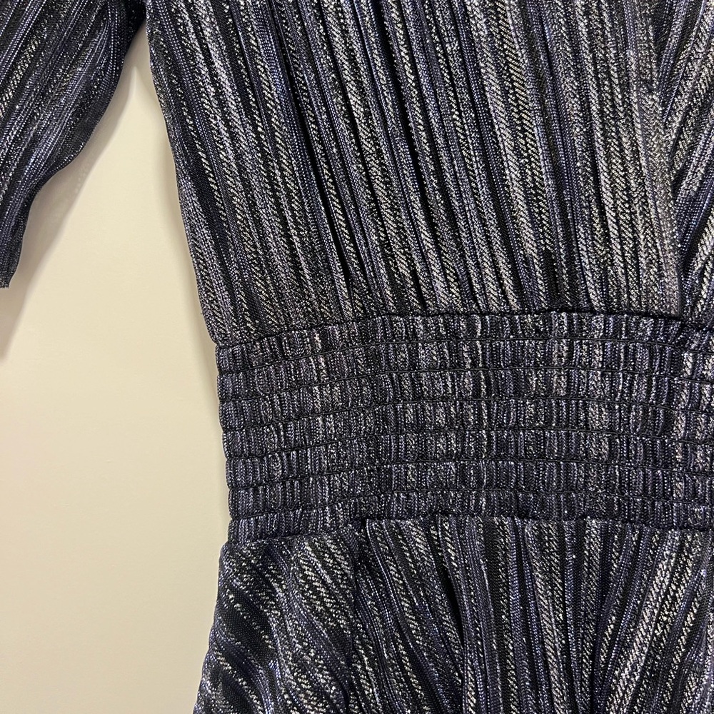 Maje Paris Full Lamé Dress with Ruffles Silver and Blue Sheer Back - Picture 7 of 11